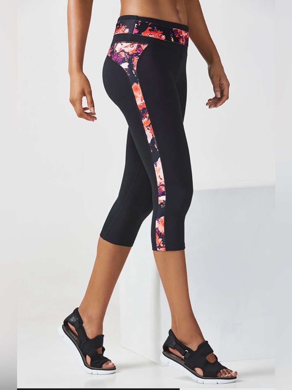 Fabletics Black Capri Leggings with Coral-Pink Floral Side Panel